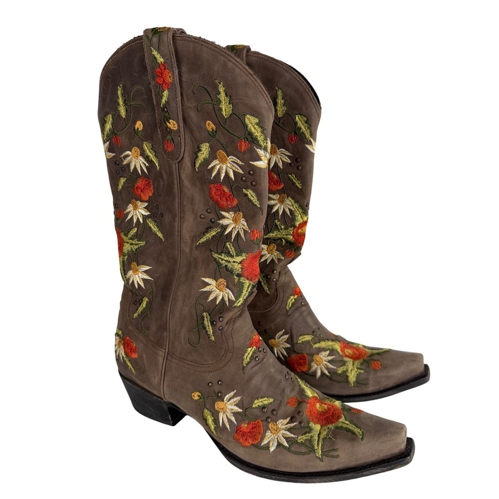 Lane Boots Western Embroidered Floral Wild Stitch Brown Leather Cowgirl 11 FLAWS - Picture 2 of 16